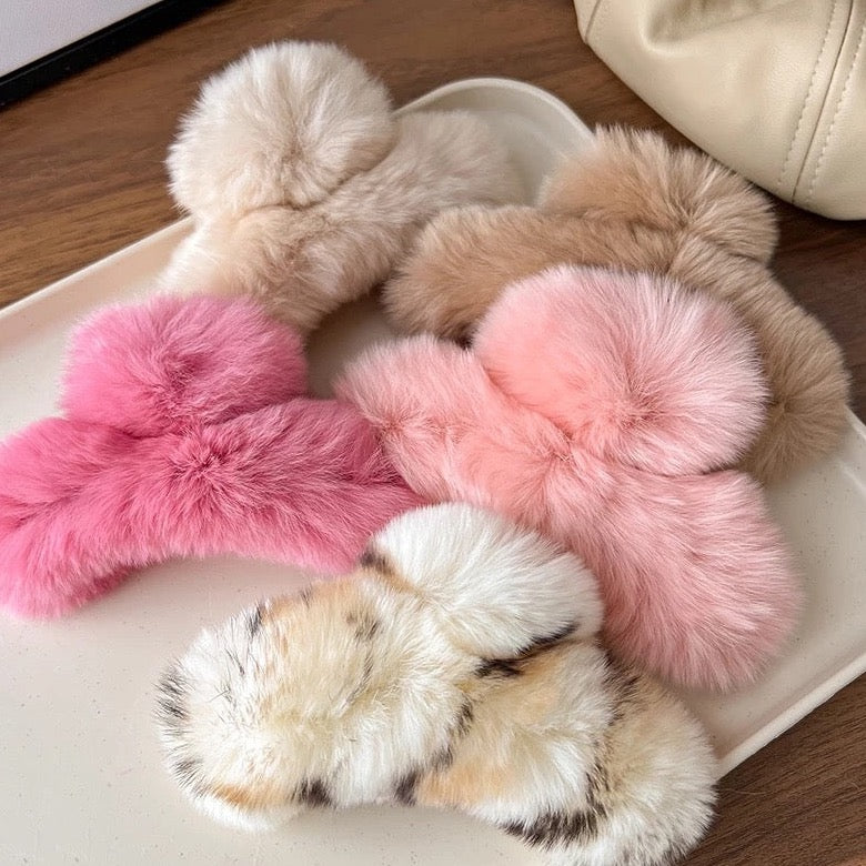 6 fuzzy hair clips in a variety of colors